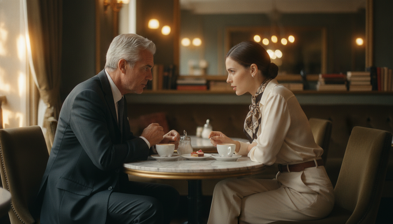 Paar führt vertrauensvolles Gespräch bei Kaffee in einem ruhigen eleganten Café