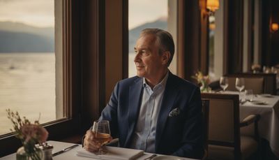 Reifer Mann sitzt entspannt am Fenstertisch eines eleganten Restaurants am Zürichsee