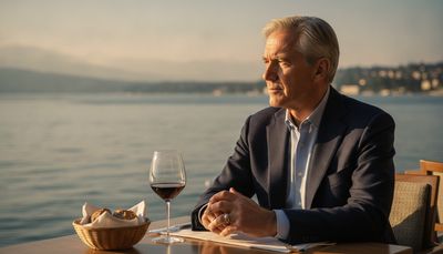 Reifer Mann sitzt nachdenklich an einem Tisch mit Blick auf den Zürichsee